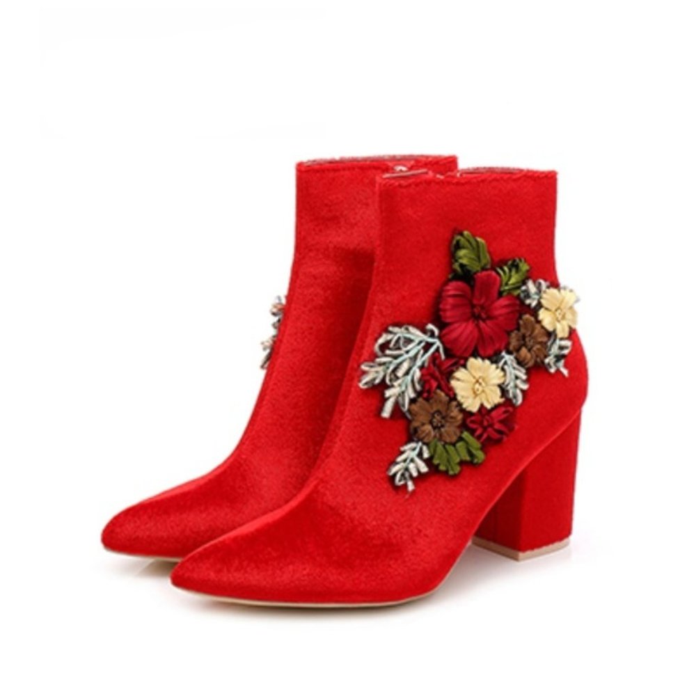 Red Velour Velvety Bootie for Winter, Fall, Parties